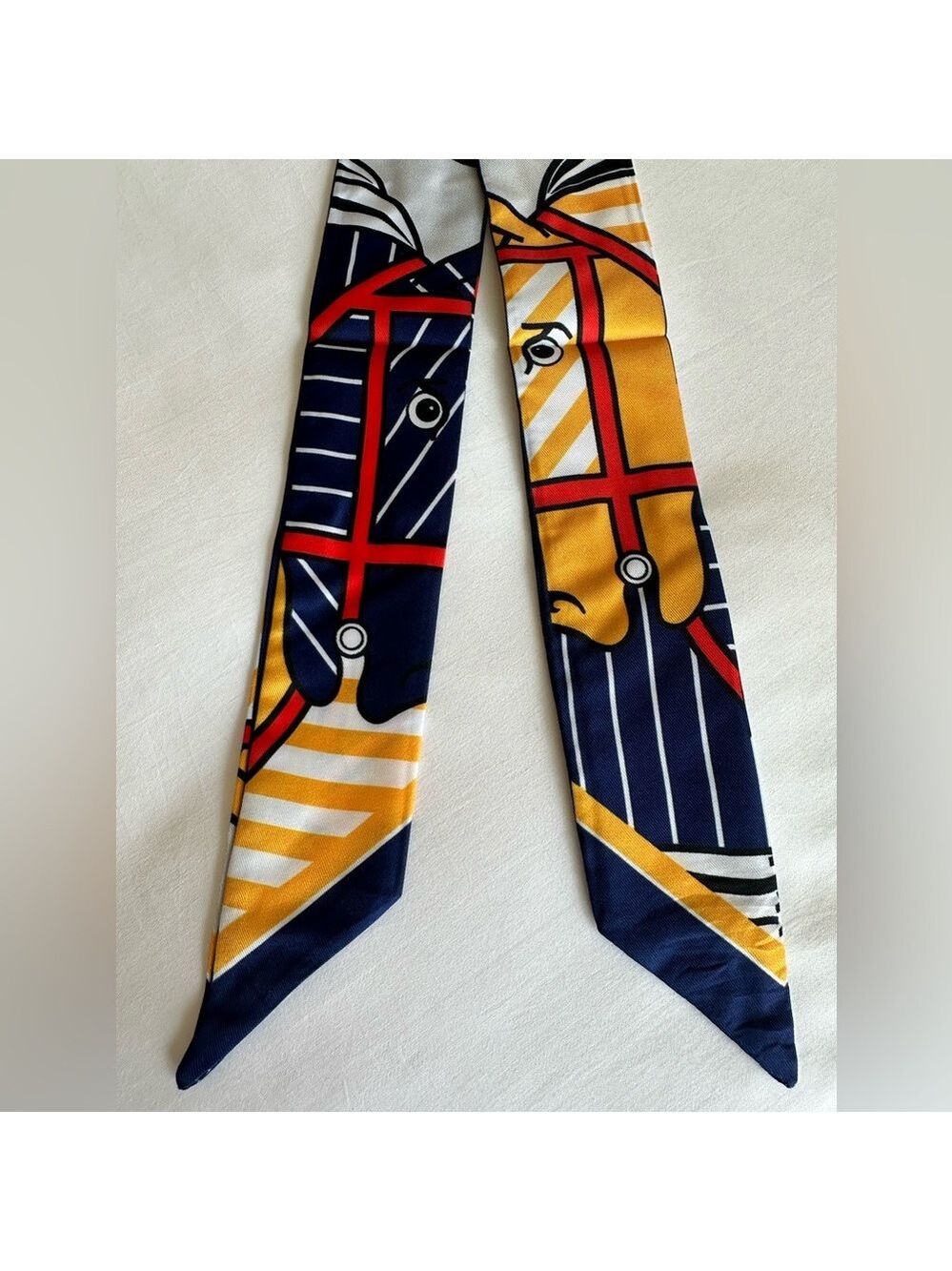 NAVY BLUE GOLD RED WHITE EQUESTRIAN HORSE SKINNY SCARF HANDBAG HANDLE WRAP TIE - Picture 7 of 7
